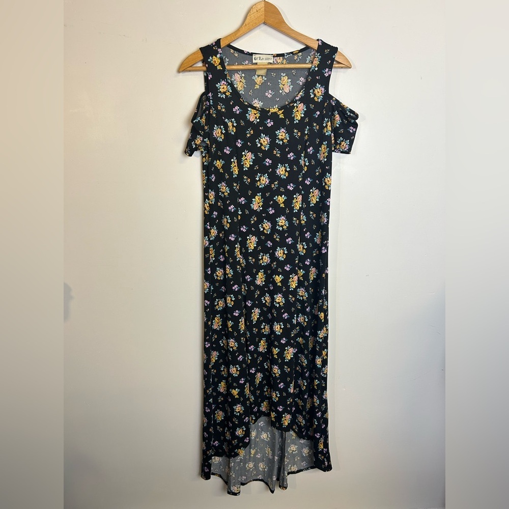 Go fish XS Floral Cold Shoulder Maxi Dress Hi-low Length Stretch Summer vacation